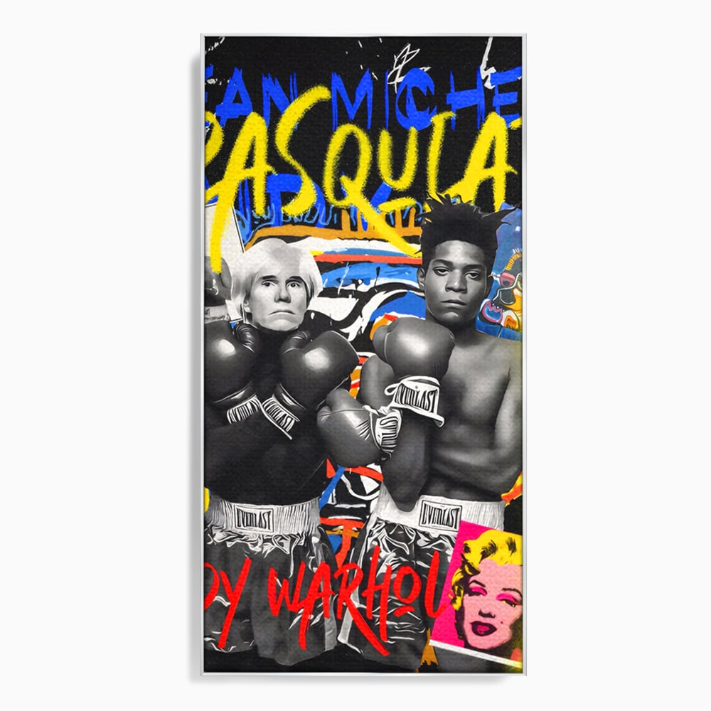 Tablou canvas cu tablou canvas cu andy warhol si basquiat, in rama de aluminiu argintiu